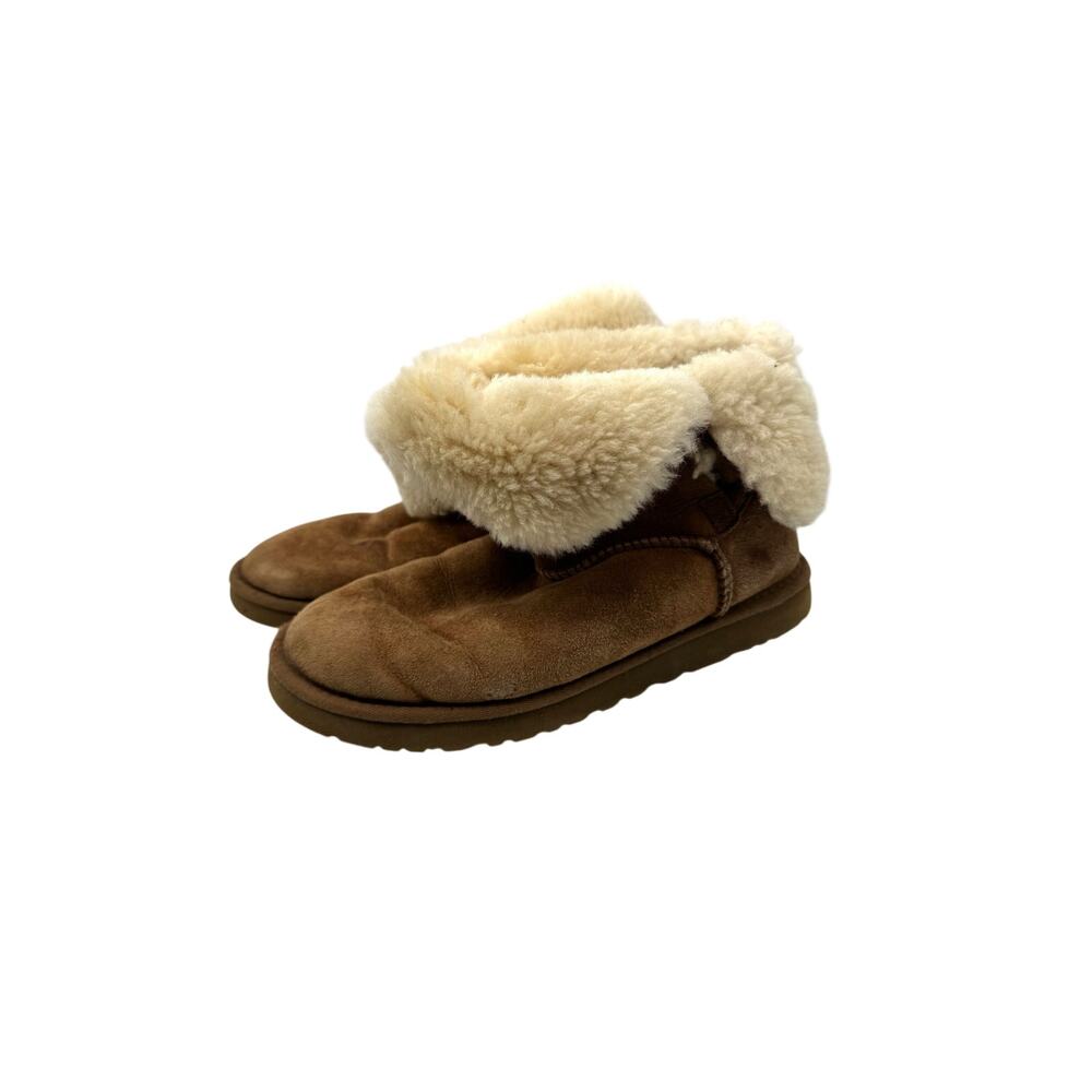 UGG Australia Bailey Button Mini Chestnut Suede Sheepskin Boots Womens 9 Flaw